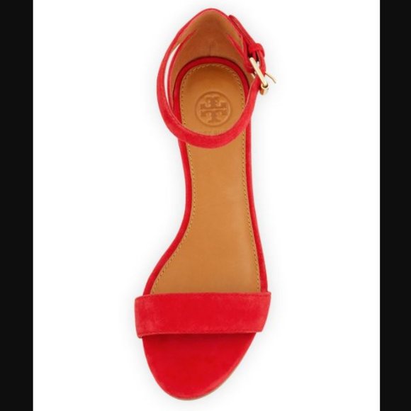 Tory Burch Savannah Wedge Red Suede Sandal Size 8 - Picture 3 of 10